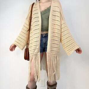 Fringe Boho Open Knit Cardigan Sweater Oversized Small Gilli